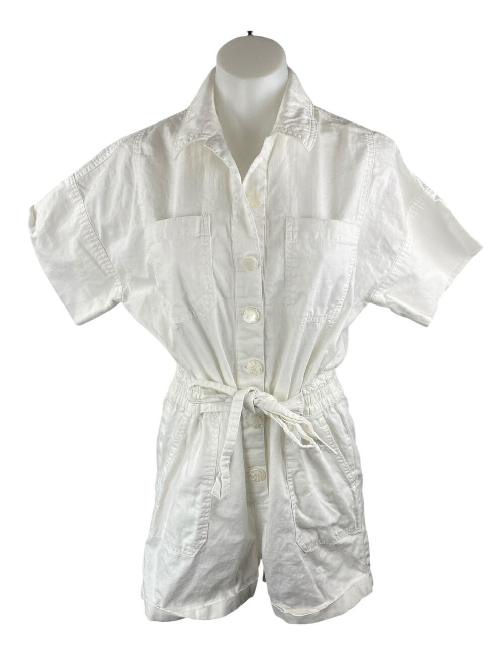 Oat White Collared Short Sleeve Button Down Cargo Playsuit Jumpsuit Romper Sz S